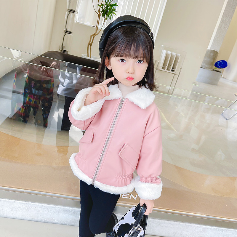 女宝宝春秋冬款加厚皮衣外套女童小童儿童装洋气加绒1夹克2潮3岁4