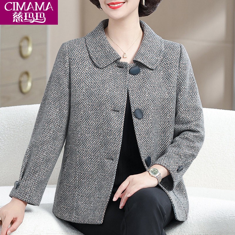 妈妈春装洋派大尺码外套春秋毛呢子大衣中老年女格子上衣服2025新