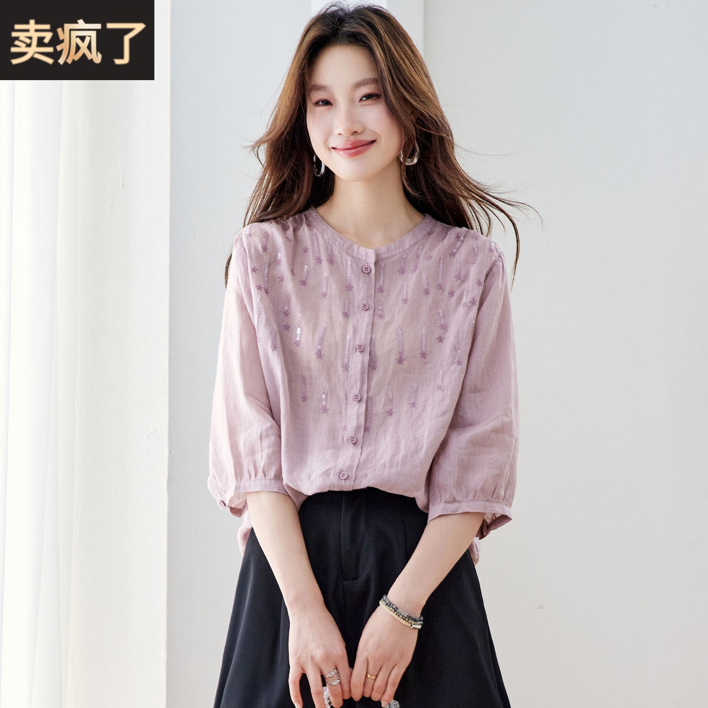 苎麻中袖衬衫女夏季独特漂亮超好看圆领刺绣棉麻半袖衬衣高端上衣