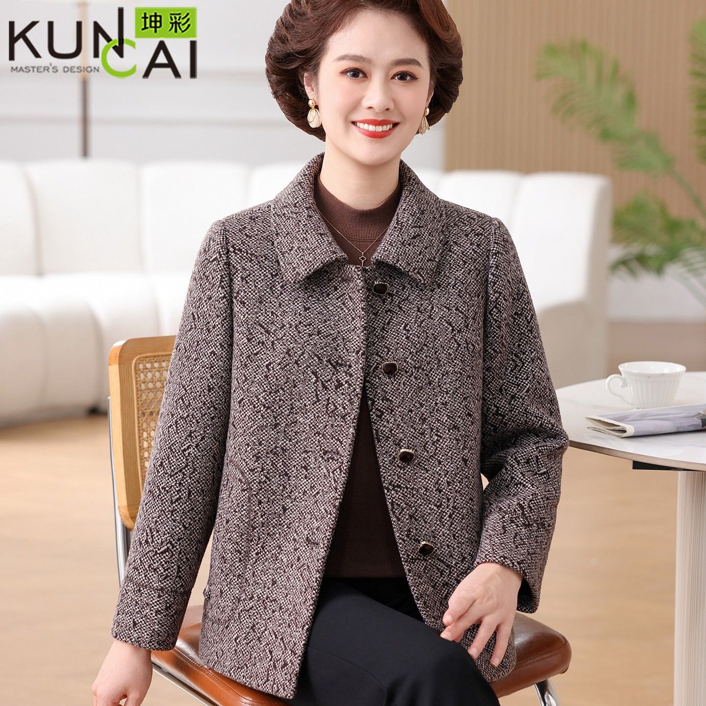 妈妈春秋装毛呢外套中老年女装2026春季新款贵夫人洋气减龄上衣服