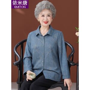 老年人秋装女衬衫长袖大码奶奶衣服2025新款妈妈春秋上衣老人衬衣