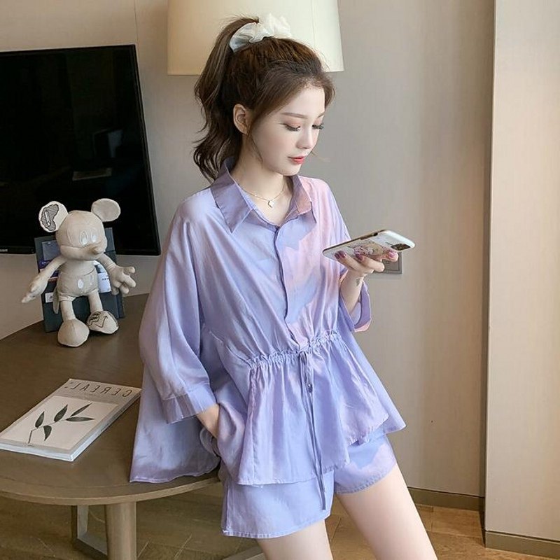 2020夏季收腰防晒衬衣时尚短裤可盐可甜小清新两件套雪纺衫女套装