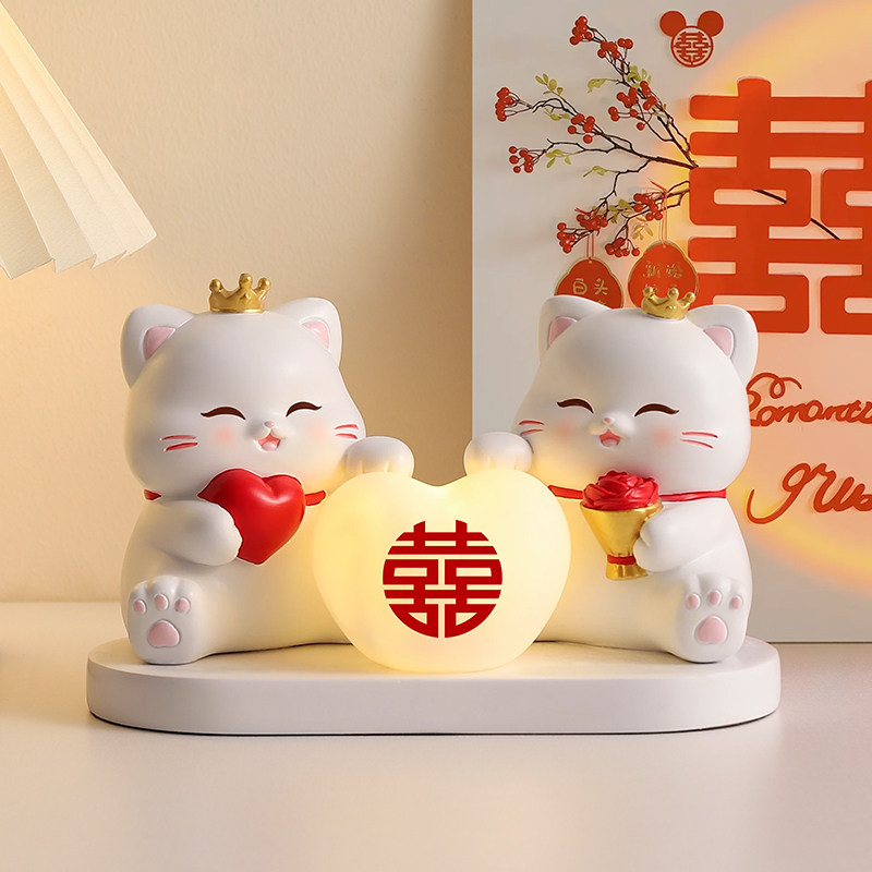 招财猫情侣摆件结婚氛围小夜灯卧室床头灯新婚礼物送闺蜜新人礼品