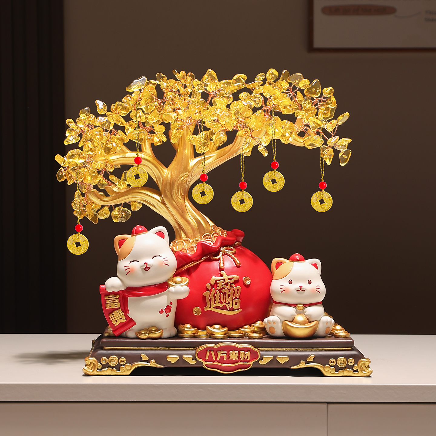 八方来财招财猫发财树摆件