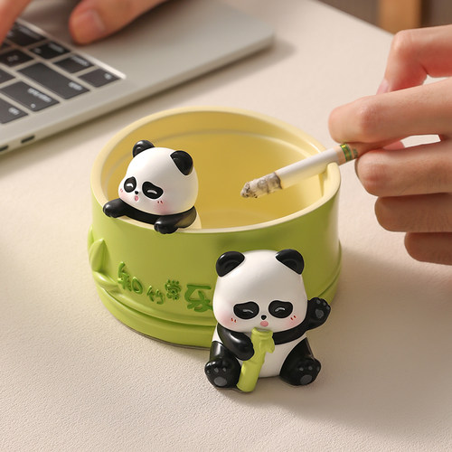 知足常乐熊猫烟灰缸带盖子子防灰飞创意可爱家居客厅桌面装饰摆饰