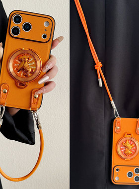 高档橙色皮纹马上有钱旋转支架适用vivoX300手机壳x200皮革斜挎s50promini时尚x100s30手提绳s20s19s18防摔90