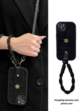 黑色小香风山茶花适用oppoReno13/12/11手机壳K10秋冬A3手拎a97a96背带a58斜挎72/53毛呢Findx8/7软a1挂绳a2