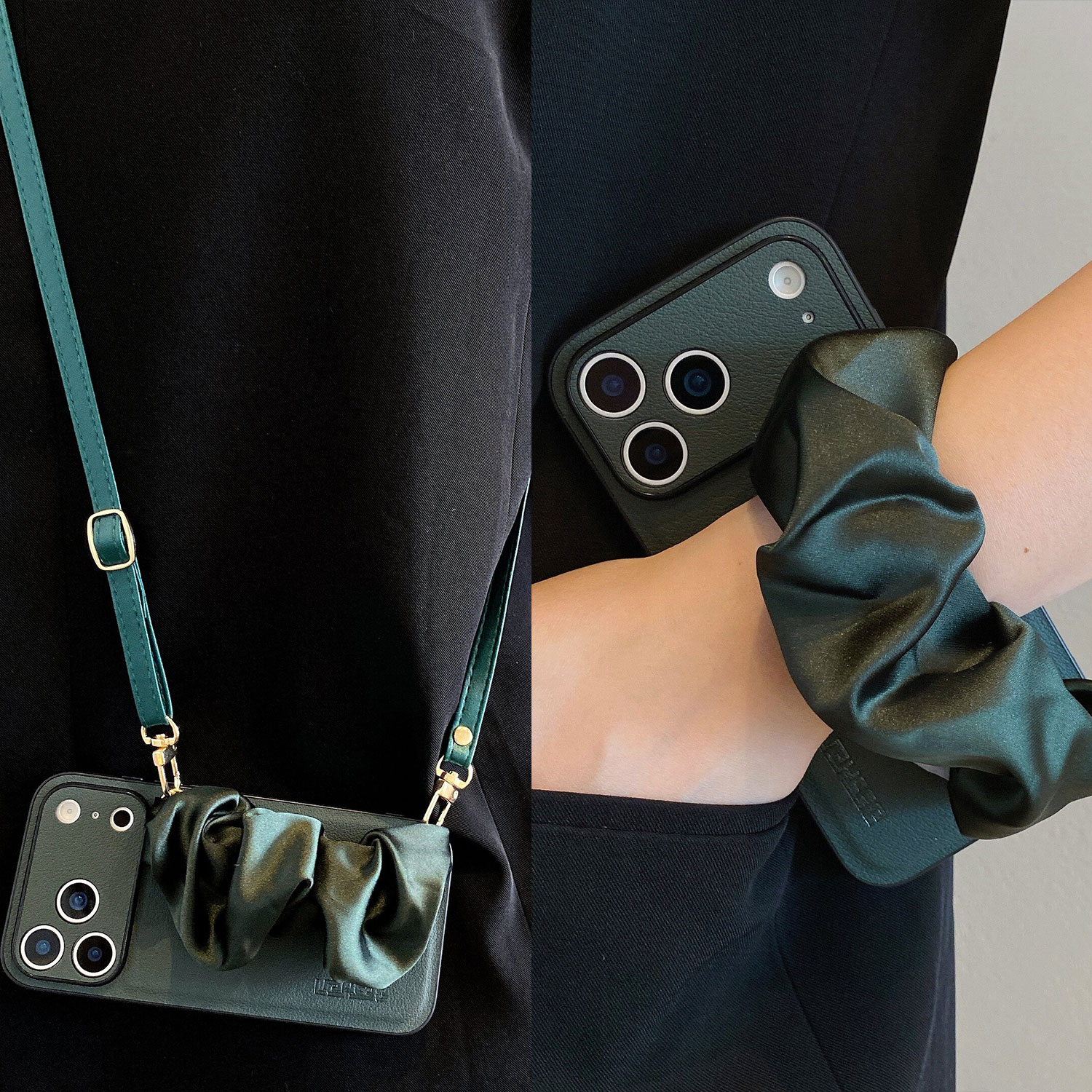 时尚复古绿高档皮纹适用oppoFindx9手机壳Reno14弹力丝巾腕带k13金属链A6pro背带11/10防摔A5皮绳X8S+斜挎女7