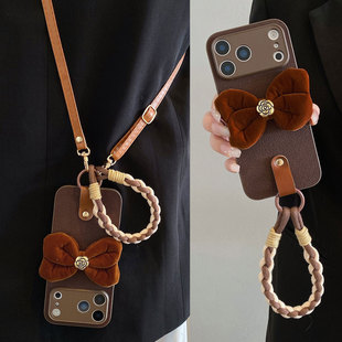 秋冬新款 70Air手机壳Pura80四股手提绳mate60pro斜挎皮绳p50防摔女mate40背带30便携 棕蝴蝶结适用华为Mate80