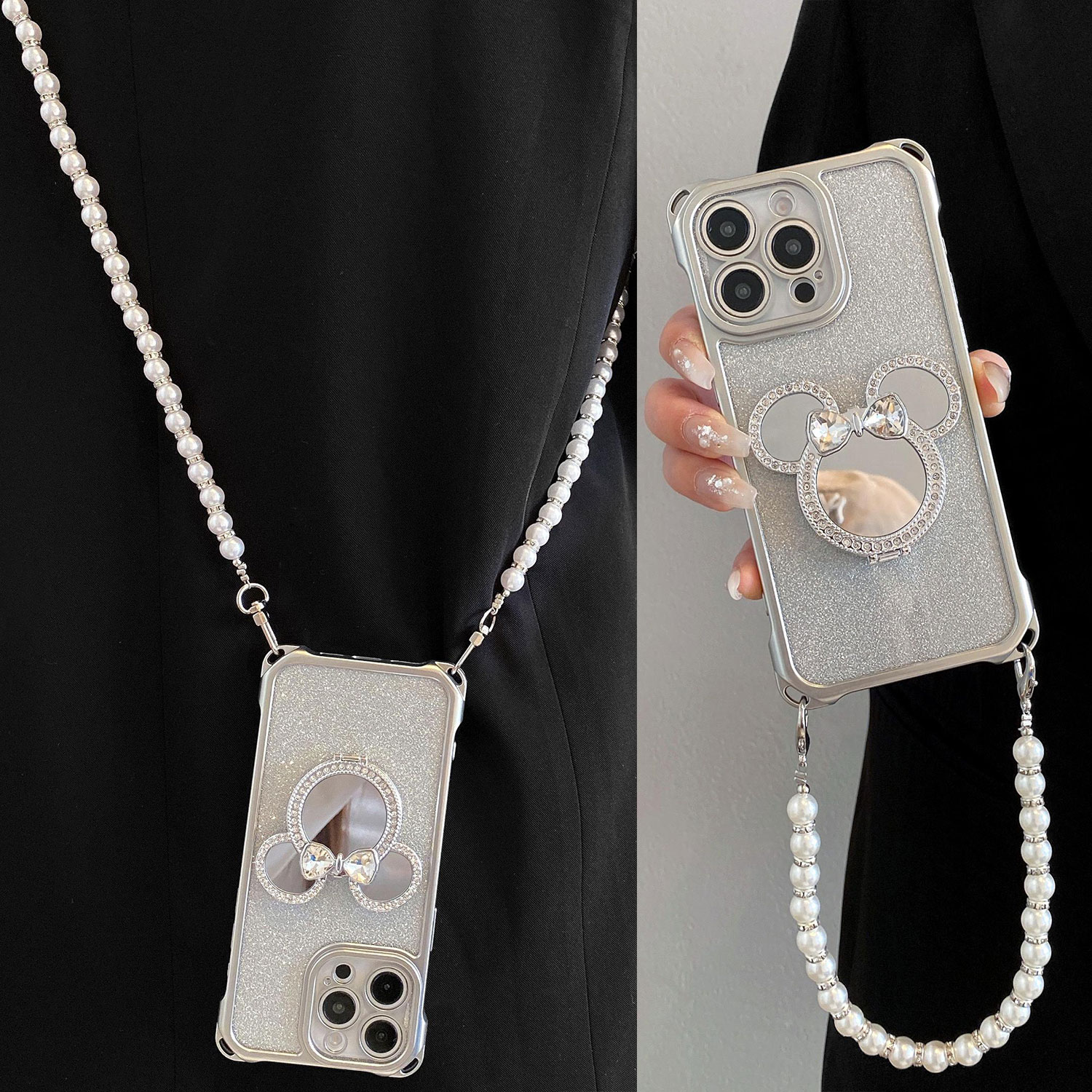 闪粉米妮镜面支架适用vivoX200S手机壳X100S19四角可挂s18PRO斜挎背带X90X80X70珍珠手提s17s16s15防摔女s12