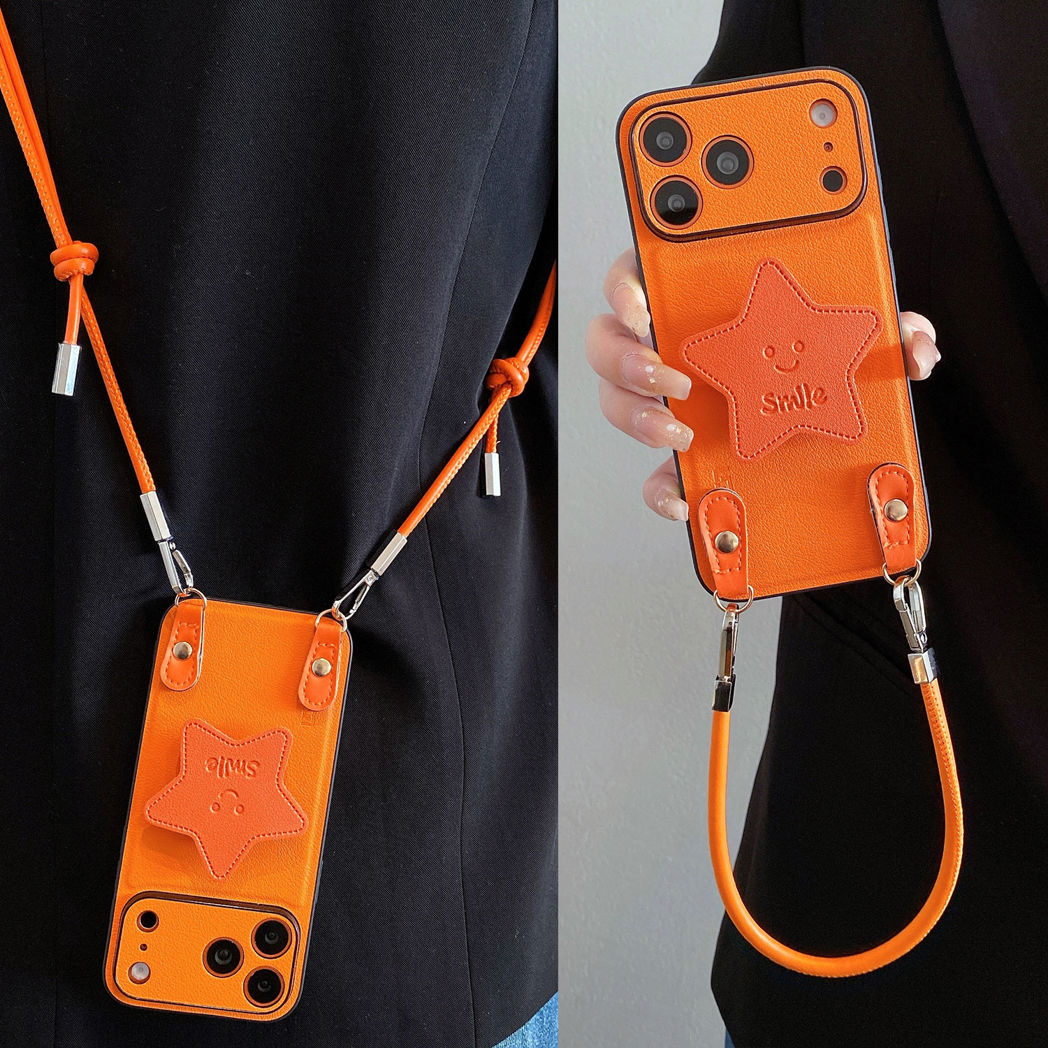 星宇橙皮纹星星支架适用小米17pro手机壳红米K90皮革挂绳一加15手拎note15/14斜挎ACE6/5高级感K80防摔背带女