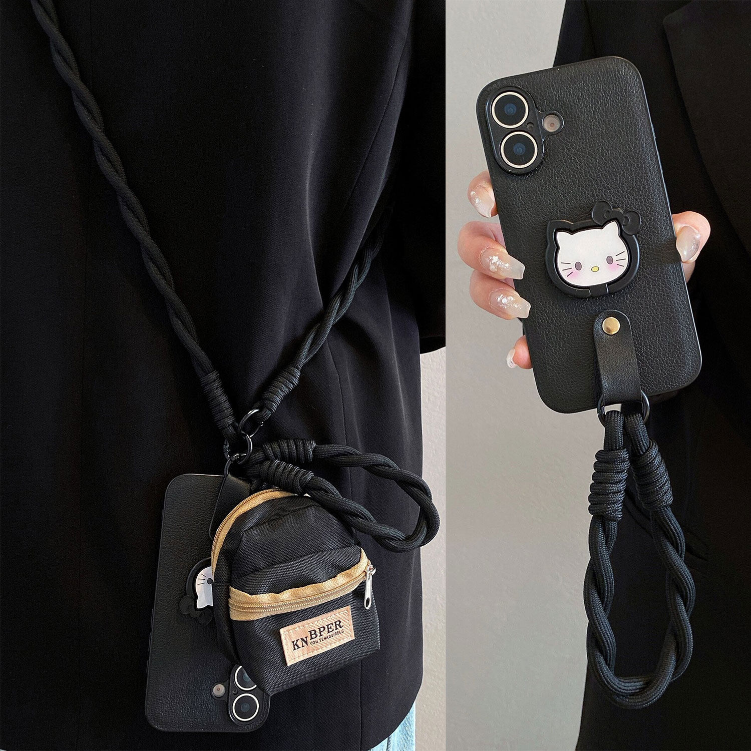 高级黑皮纹kitty猫支架适用iQOO13手机壳iQOOONEO10收纳零钱包iqoooz9斜挎neo8/7手拎z6x时尚z5背带12/11防摔