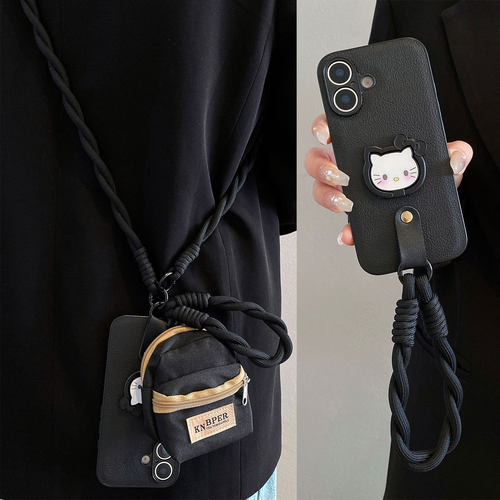 高级黑皮纹kitty猫支架适用iQOO13手机壳iQOOONEO10收纳零钱包iqoooz9斜挎neo8/7手拎z6x时尚z5背带12/11防摔