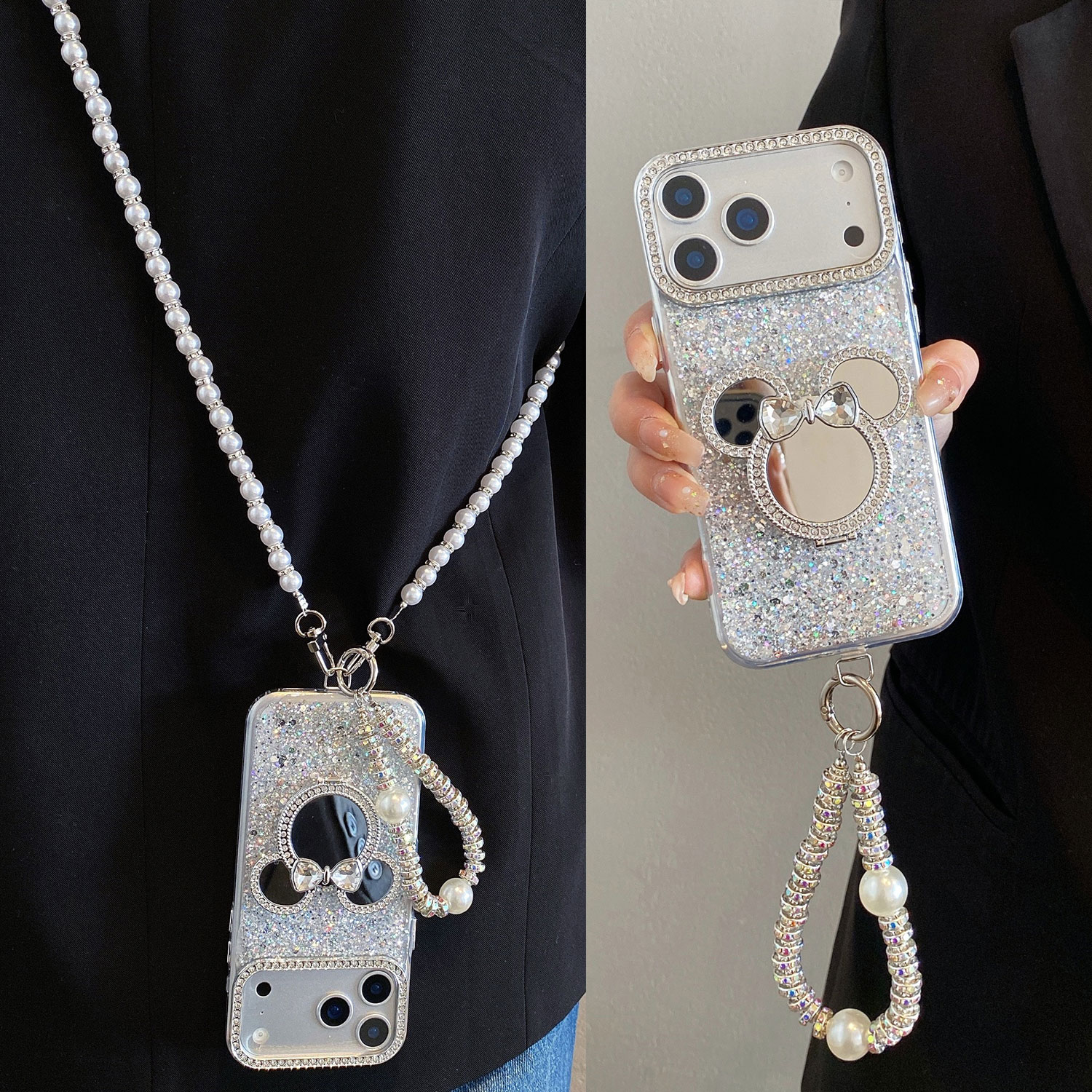 滴胶闪粉米妮支架适用oppoReno15/14pro手机壳Findx9/8s珍珠斜挎链k13手提链reno12/11防摔10时尚7/6/5背带女