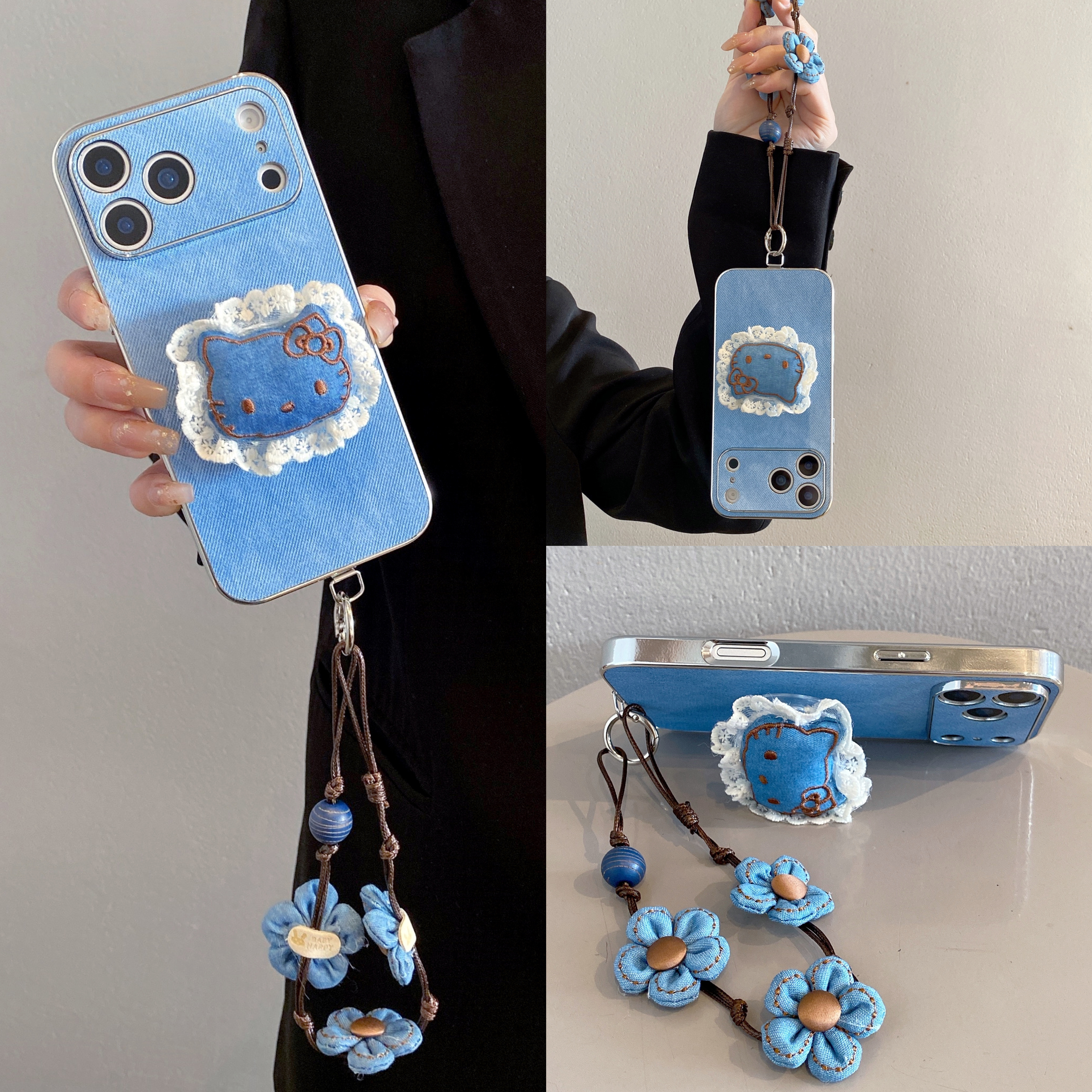 秋冬新款牛仔纹kitty猫支架适用一加15手机壳ACE6可爱高级一加13花朵手绳ACE5PRO防摔ACE3PRO手拎ACE2V少女款