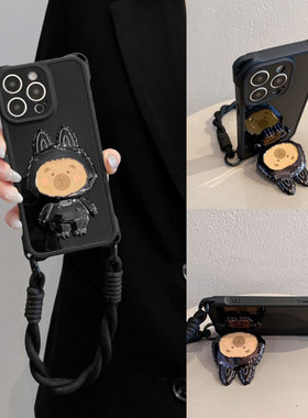 怪兽镜子支架适用oppoReno14/13手机壳k12高级亮黑reno11四角可挂10手拎绳reno9/8斜挎背带7pro防摔6/5k/k9
