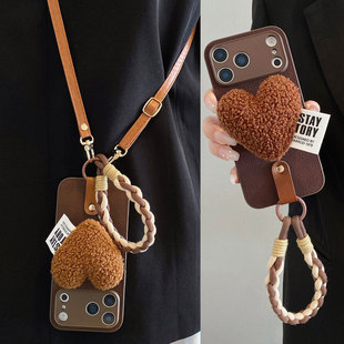 秋冬新款 斜挎Y76S可背Y200i防摔y72编织手提y53sy52s女y35 毛绒爱心支架适用vivoY500手机壳y300pro月坑纹Y78