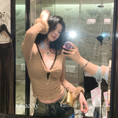 Okaaay【悄然心动】秋冬纯欲风蕾丝长袖上衣袖口毛毛内搭打底衫女