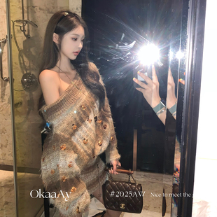 Okaaay【慵懒金影】复古美拉德亮片连衣裙慵懒松弛感一字肩毛衣裙