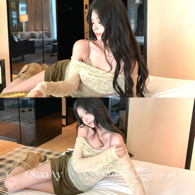 Okaaay[雾纱甜梦]纯欲风做旧蕾丝长袖罩衫辣妹内搭吊带背心两件套