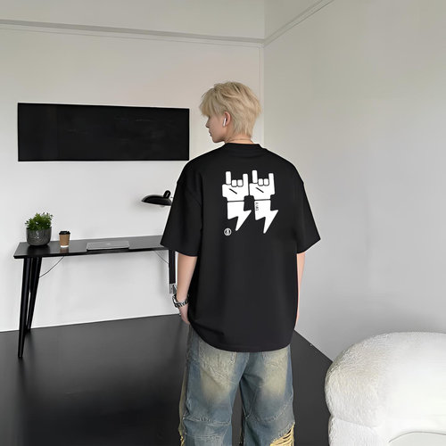 重磅纯棉美式街头潮牌手势印花短袖t恤男街头hiphop宽松痞帅上衣