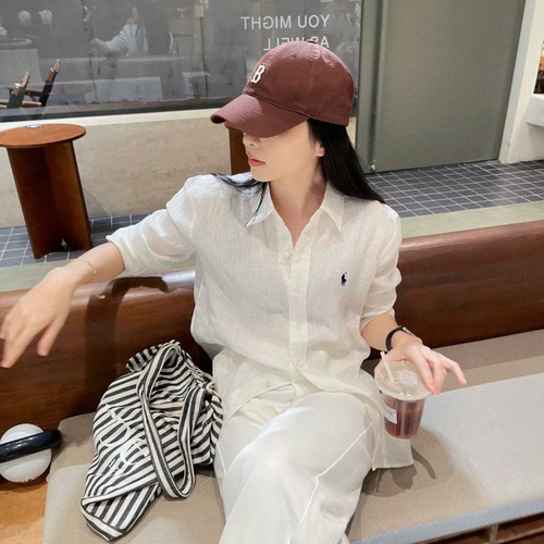 26亚麻衬衫女春季小马POLO领白色刺绣标老钱风防晒长袖白衬衣外套