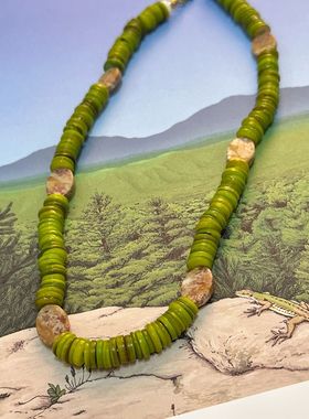 绿色波西米亚风切片贝壳串珠天然石项链小众民族风锁骨链