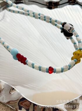 复古卡通企鹅拼色串珠项链女小红书爆款小众设计高级感百搭锁骨链