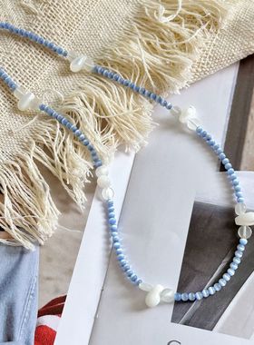 新款ins风海洋系列海边沙滩海蓝色猫眼石米珠项链可叠戴颈链项链