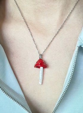 FYHYJI新款危险花园红蘑菇银条巴洛克珍珠吊坠项链甜酷风