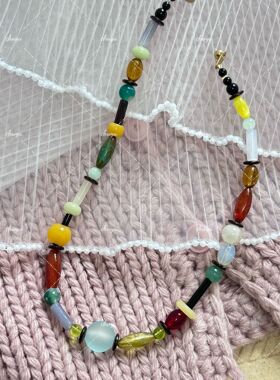 多元素复古天然石头清透的彩色玻璃和多宝石小众项链钛钢不掉色