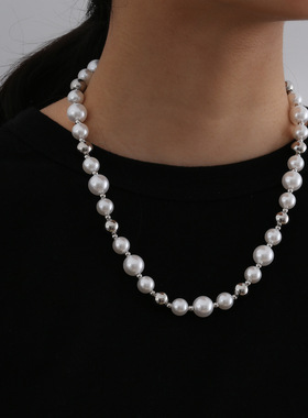 ins新品潮牌爆款间色拼接珍珠项链男女士情侣个性不掉色饰品礼物