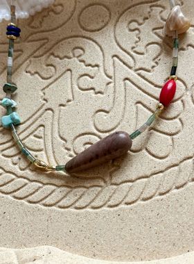 森林项链夏日复古风彩色天然石串珠项链锁骨链个性小众多特色