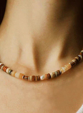 日落色系色天然玉石珍珠手工串珠项链锁骨链男女个性百搭潮流饰品