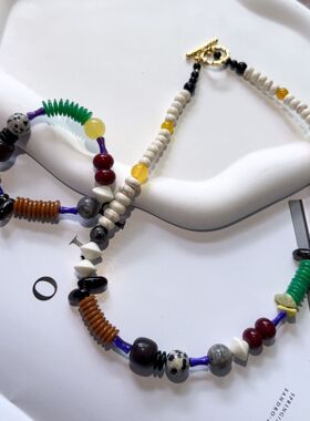 2024多宝石中古多彩小众手作波西米亚风复古天然石串珠拼接项链