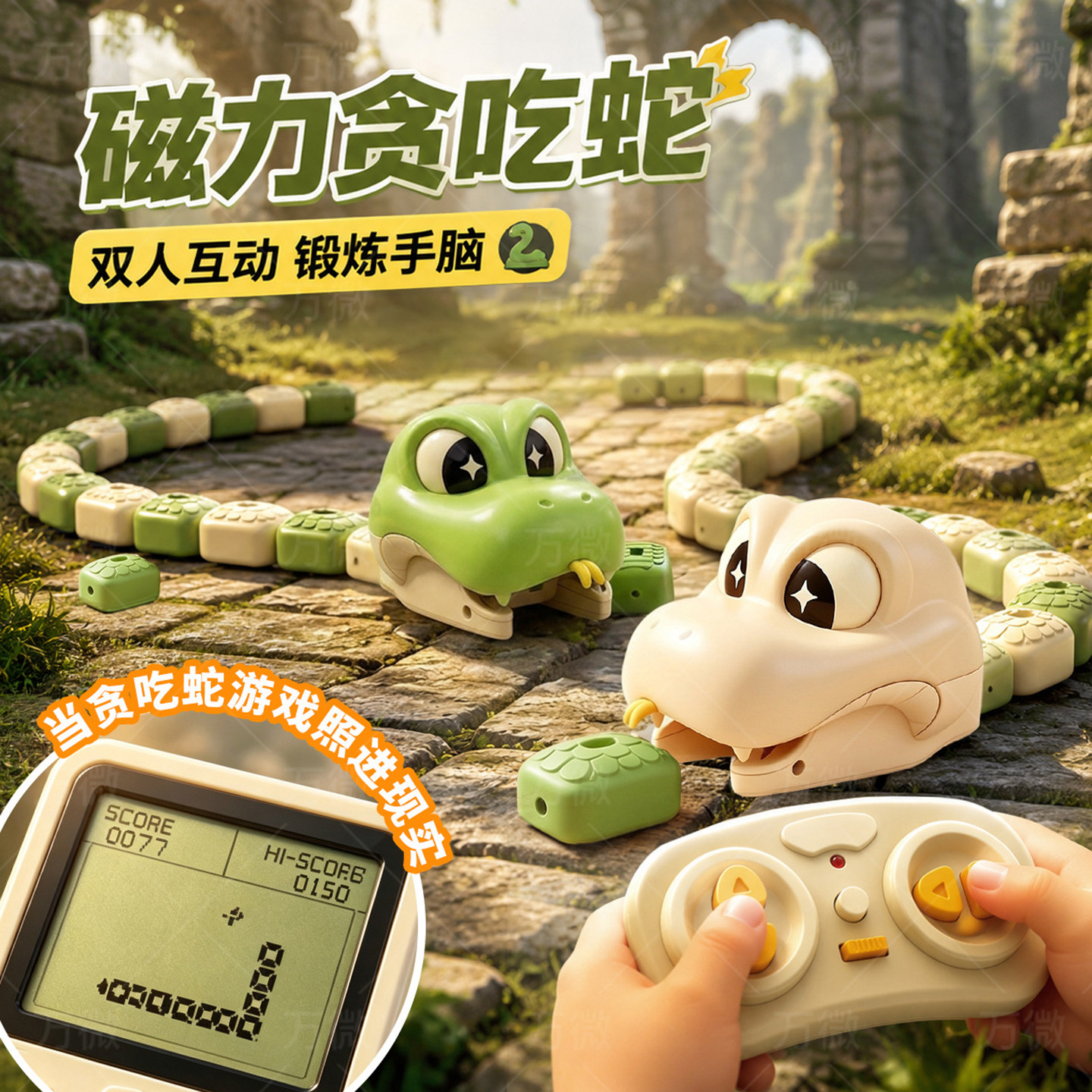 双人互动磁力吞吃蛇男孩子玩具儿童益智积木贪吃拼豆大作战游戏机