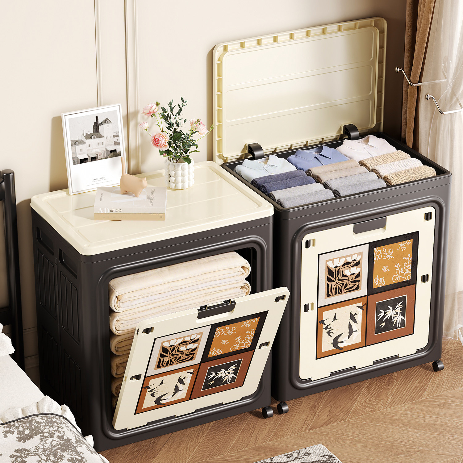 中古风衣服收纳箱大容量家用翻盖被子整理箱可折叠玩具零食储物柜,收纳整理,鞋柜,淘宝优惠券,粉丝福利购,淘宝优惠卷