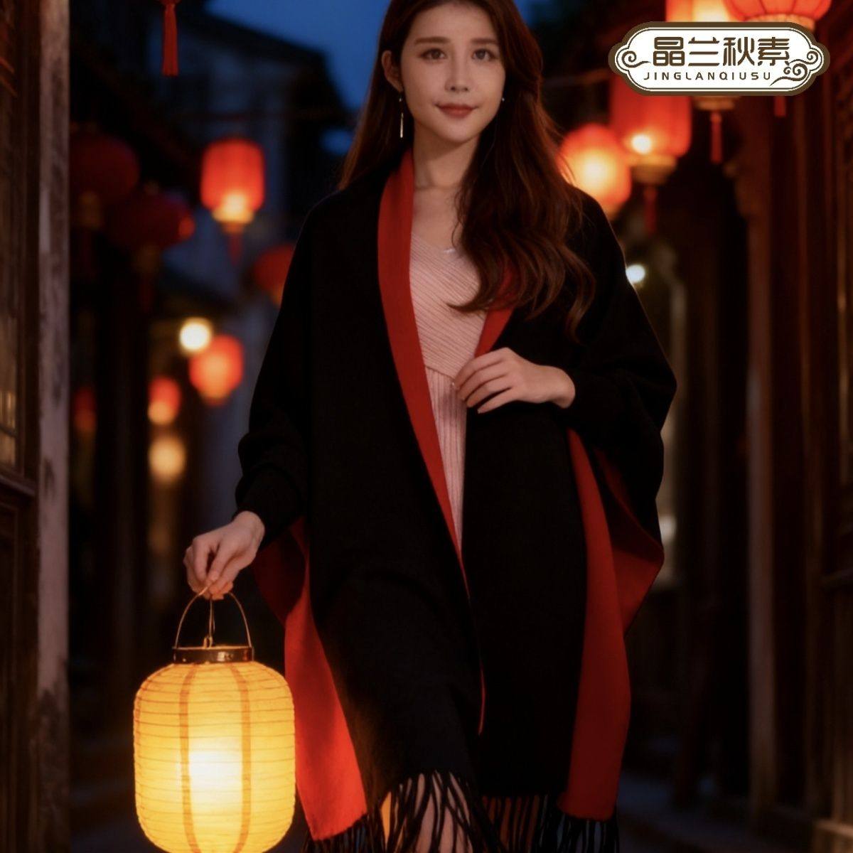 带袖子双面羊毛流苏针织大披肩女士春秋冬季加厚围巾两用斗篷外套