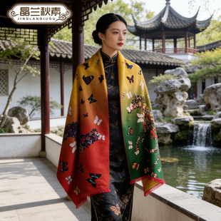 2026新款春秋款女士彩蝶纷飞围巾两面用披风民族风富贵印花
