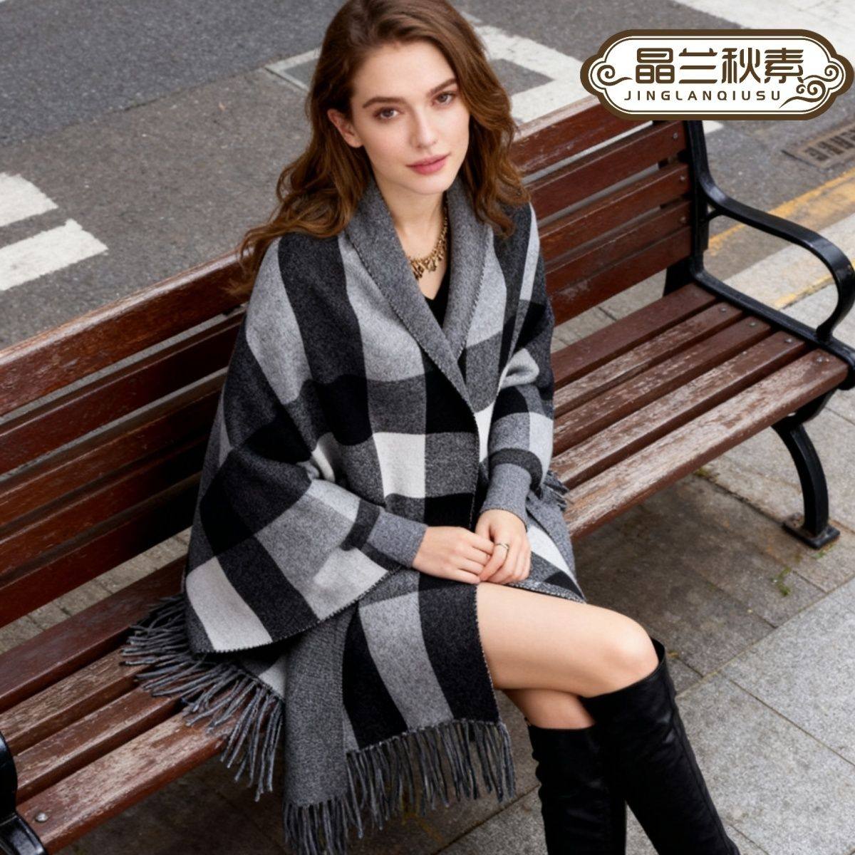 格子条纹披肩百搭两穿带袖子毛领围巾宽松外套流苏针织衫秋冬外搭