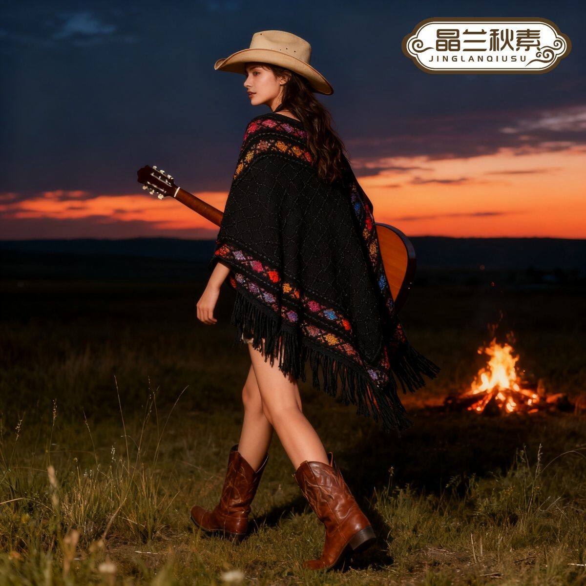 2025新款内蒙古云南丽江套头菱格流苏休闲长款条纹针织斗篷披肩