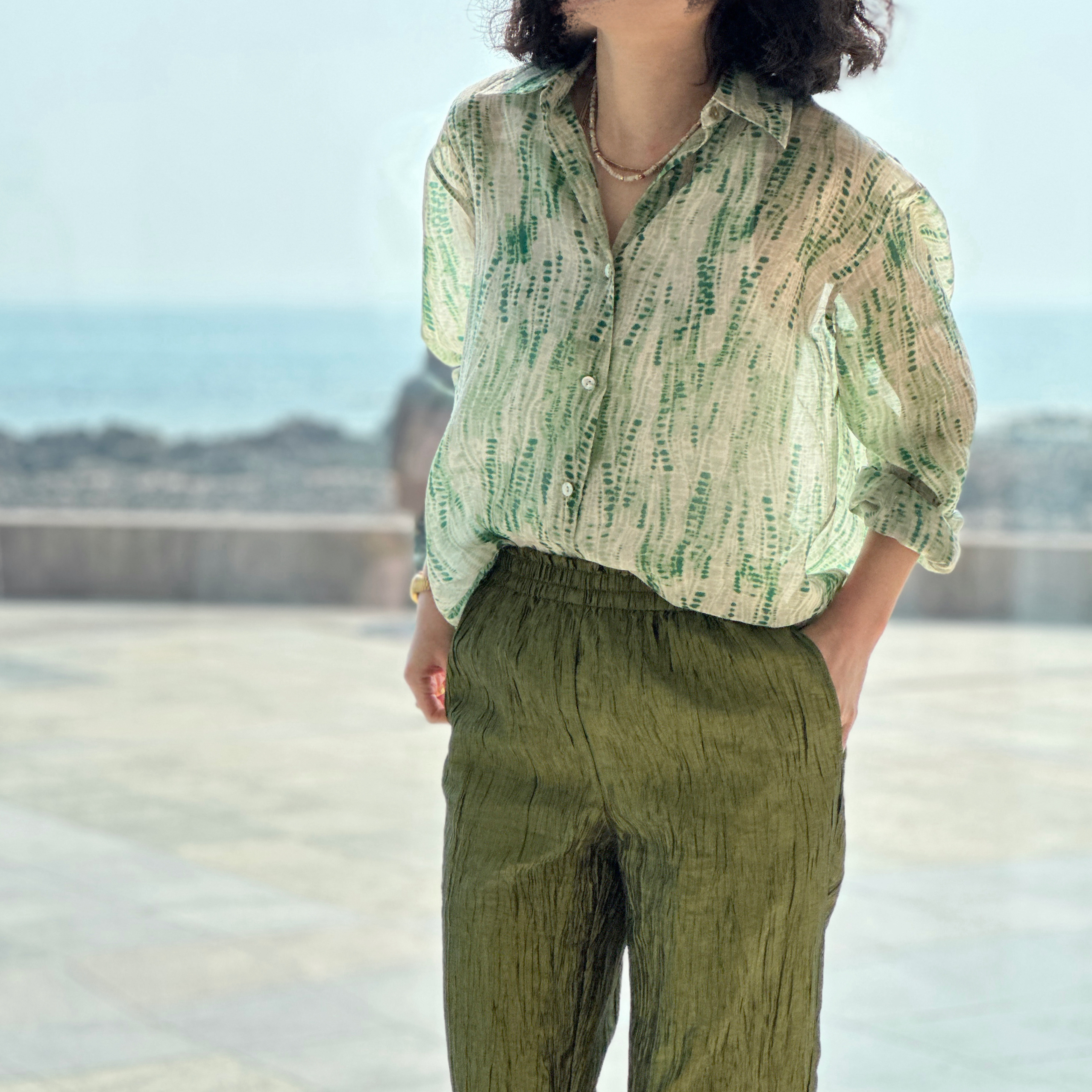 鎏金岁月苔藓绿衬衫褶皱感九分裤