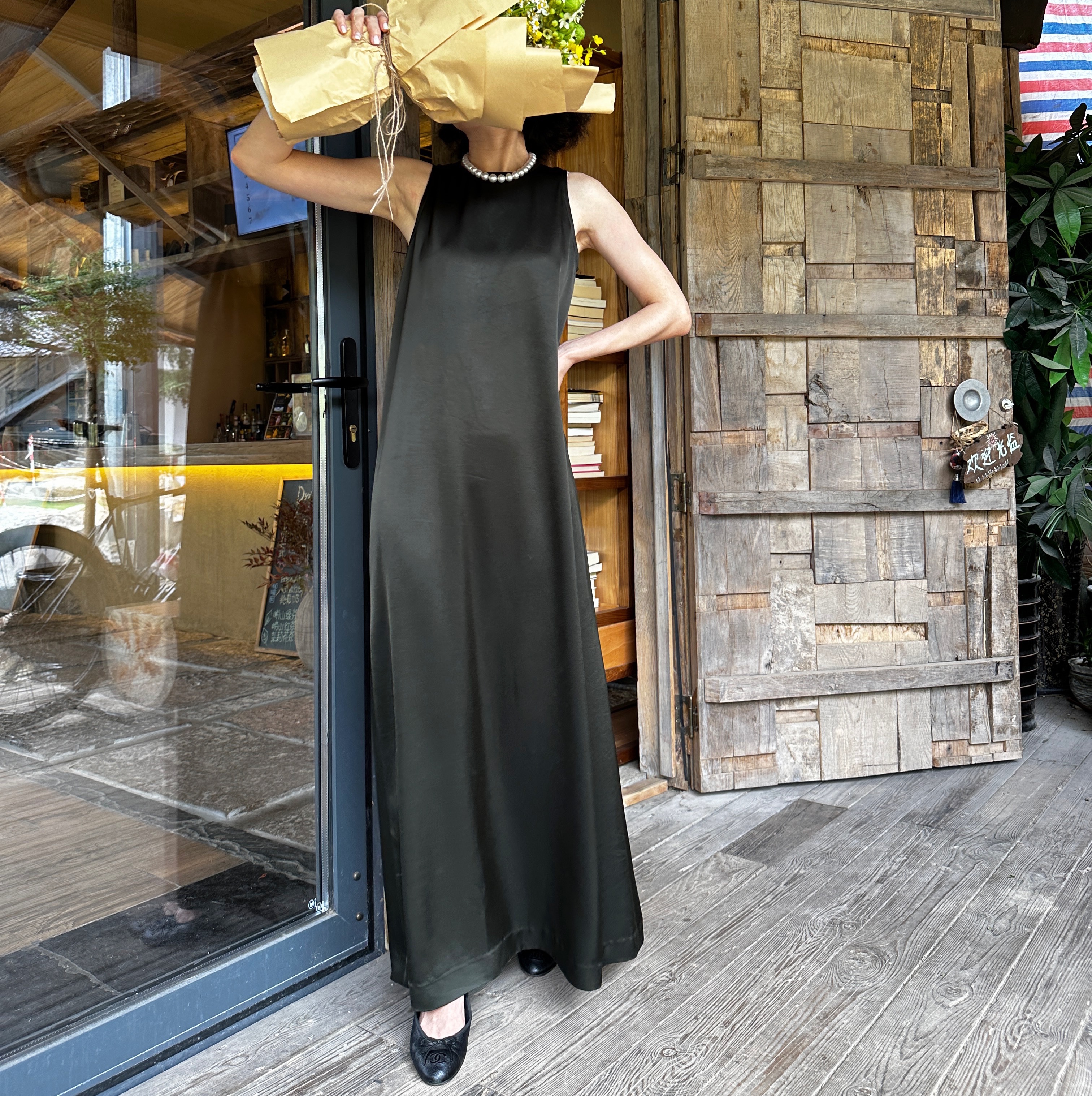 鎏金岁月慵懒高级三醋酸无袖长裙