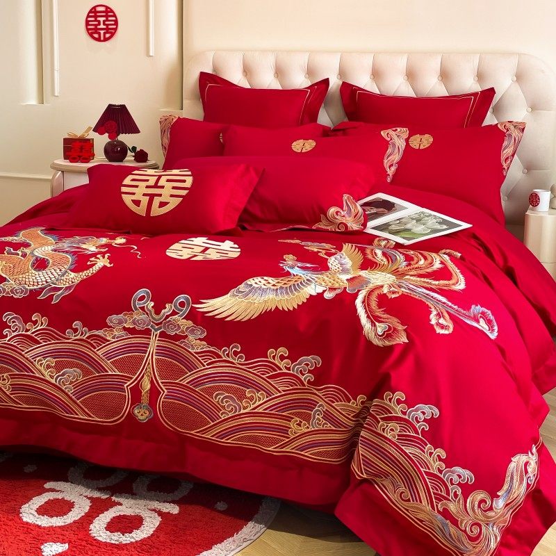 结婚喜庆大红色四件套中式龙凤刺绣被套加厚婚庆婚嫁磨毛床单被罩