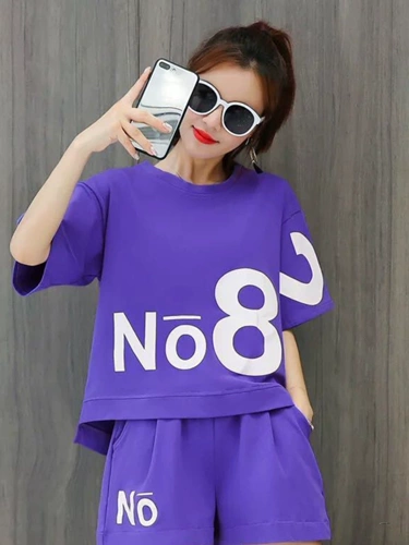 Модный спортивный костюм с буквами, шорты, комплект, большой размер, в корейском стиле, короткий рукав