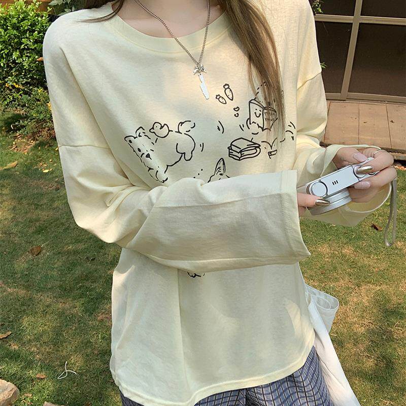 趣味小狗印花圆领长袖T恤女2026夏季薄款宽松慵懒减龄防晒衫上衣