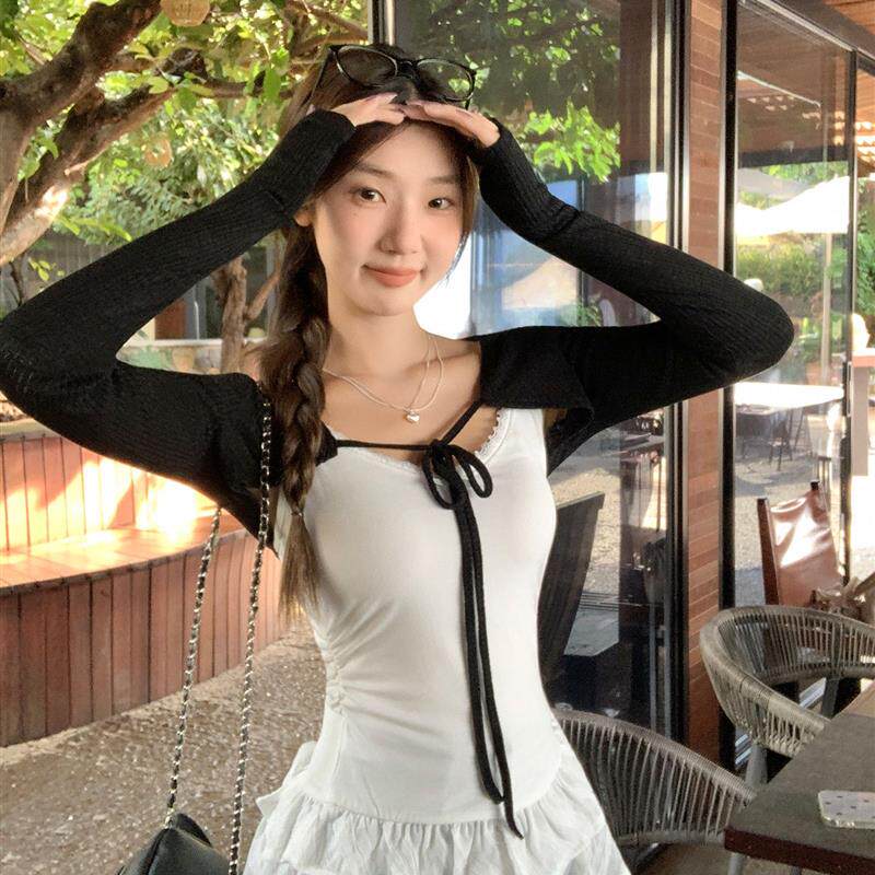 韩系巨好看U领花边下摆背心吊带女叠穿系带防晒开衫两件套上衣秋