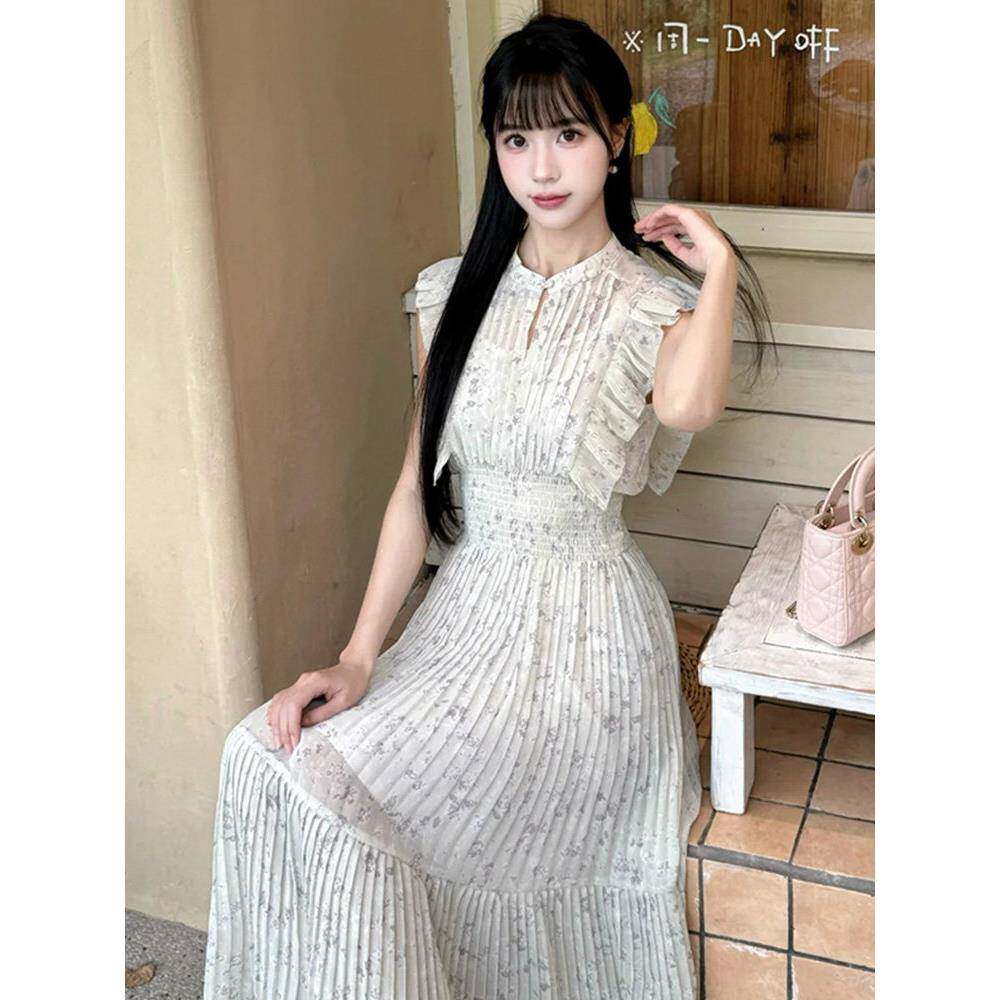 饭团君同款 日系夏季女装时尚立领碎花荷叶边小飞袖百褶连衣长裙