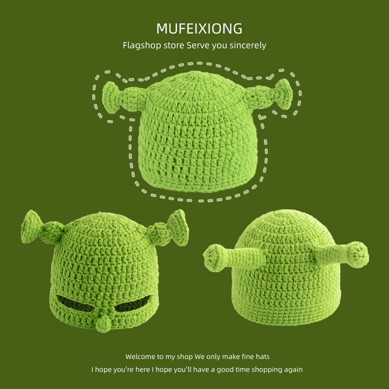 秋冬季儿童帽子可爱卡通宝宝手工编制毛线针织帽成人儿童绿帽子冬