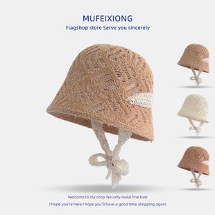 新款 水桶帽女童遮阳防晒 韩版 儿童帽子镂空蕾丝系带女孩渔夫帽夏季